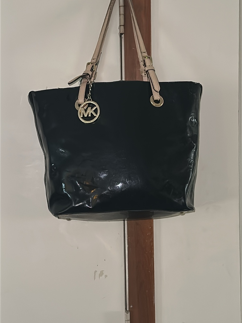 Michael Kors Black Patent Shoulder Tote with Light Tan Straps